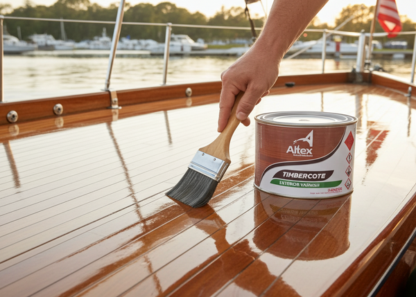 Person applying Alfex Timbercote varnish to a boat deck with a brush.