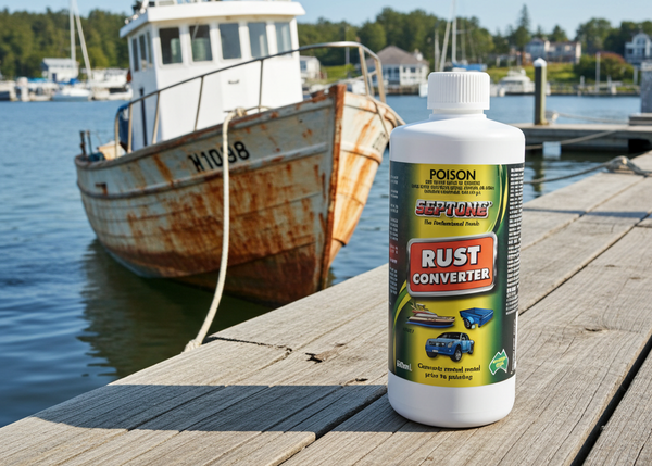 Rust converter bottle on a dock with a rusty boat in the background
