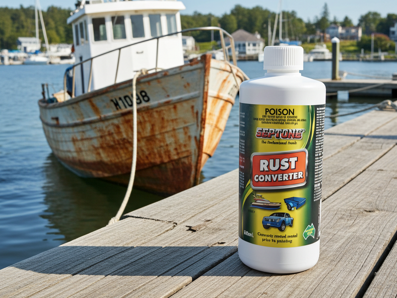 Rust converter bottle on a dock with a rusty boat in the background