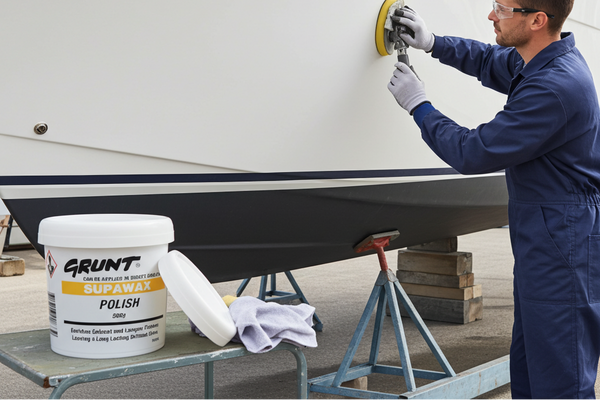 Person polishing a boat with a container of Grunt Supawax Polish nearby.