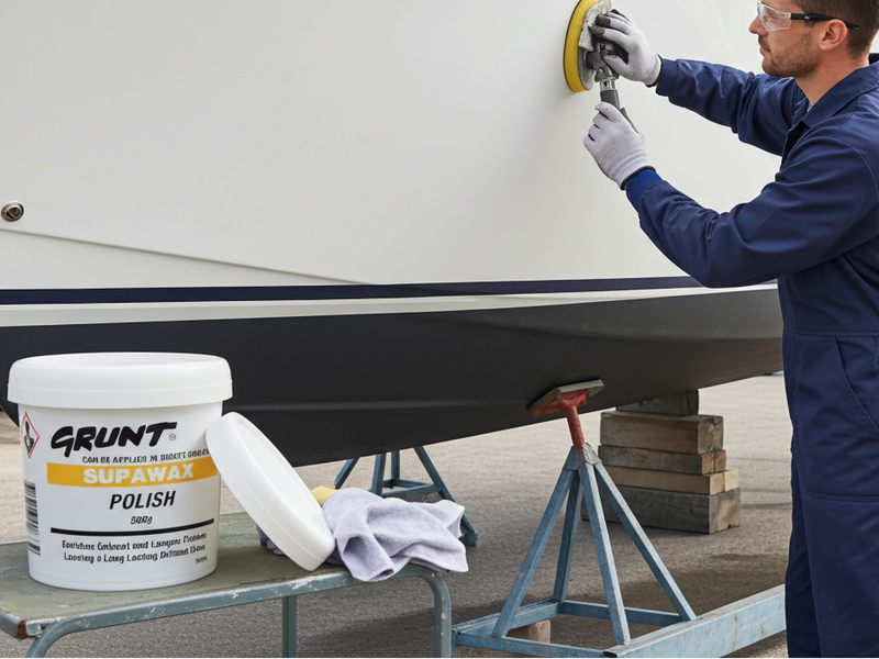 Person polishing a boat with a container of Grunt Supawax Polish nearby.