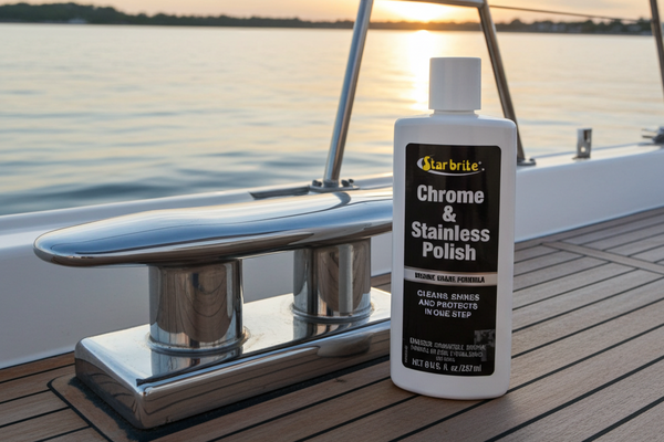 Starbrite Chrome & Stainless Polish bottle on a boat deck with sunset in the background