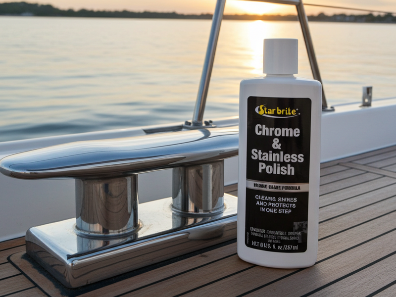 Starbrite Chrome & Stainless Polish bottle on a boat deck with sunset in the background