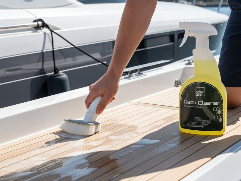 Person cleaning a boat deck with a brush and spray bottle labeled 'Deck Cleaner'.