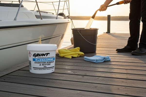 Person cleaning a boat with a bucket and cleaning supplies on a dock at sunset.