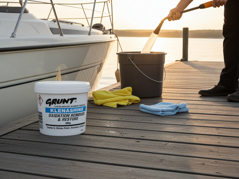 Person cleaning a boat with a bucket and cleaning supplies on a dock at sunset.