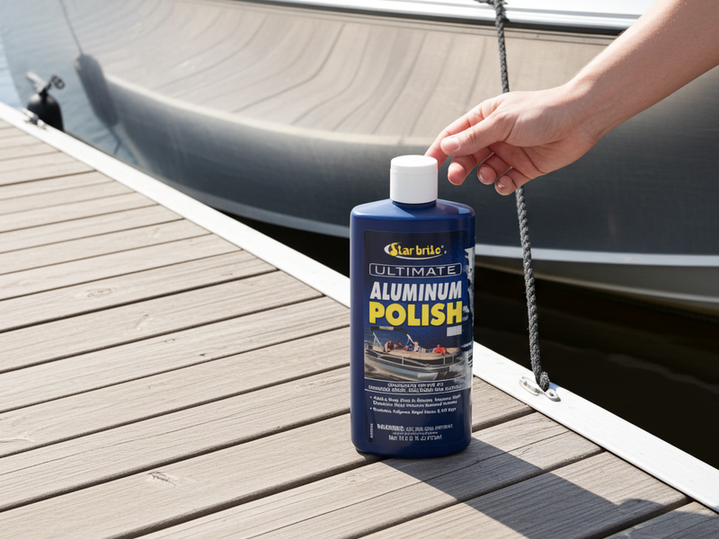 Person holding a bottle of CarPro Ultimate Aluminum Polish on a dock with a boat in the background.