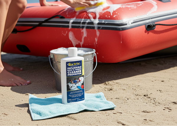 Person cleaning an inflatable boat on a beach with a bottle of cleaner and a bucket nearby.