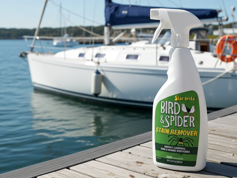 Bird & Spider stain remover bottle on a dock with a sailboat in the background