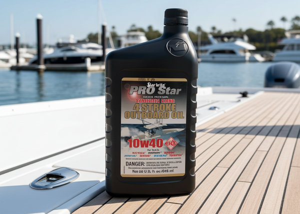 Sunvic Pro Star outboard motor oil bottle on a boat deck with marina background