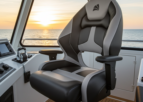 Marine chair on a boat with a sunset view through the windows.