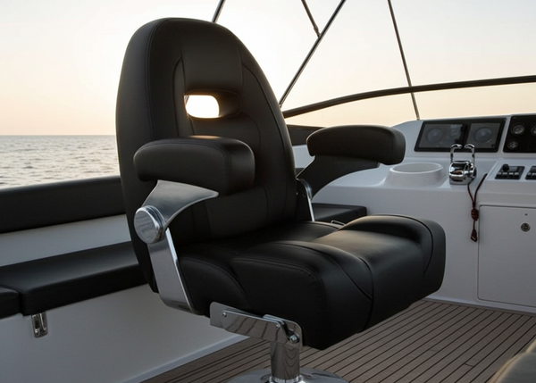 Black leather captain's chair on a boat with ocean view