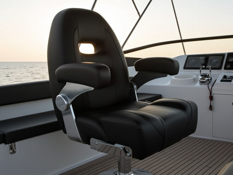 Black leather captain's chair on a boat with ocean view