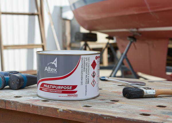 Altex multipurpose primer coat can on a workbench with a boat in the background