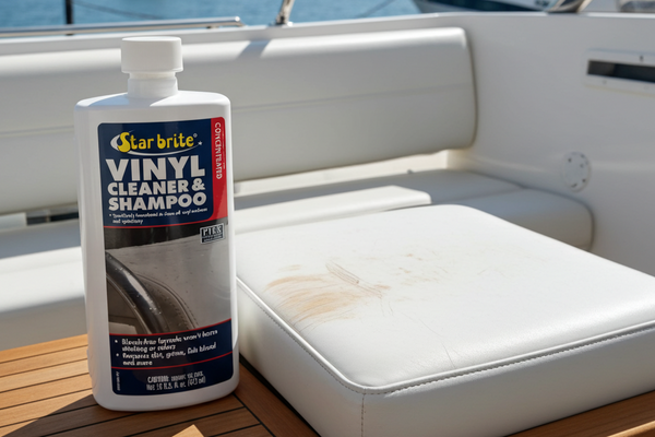 Star Brite Vinyl Cleaner & Shampoo bottle on a boat with a marina background