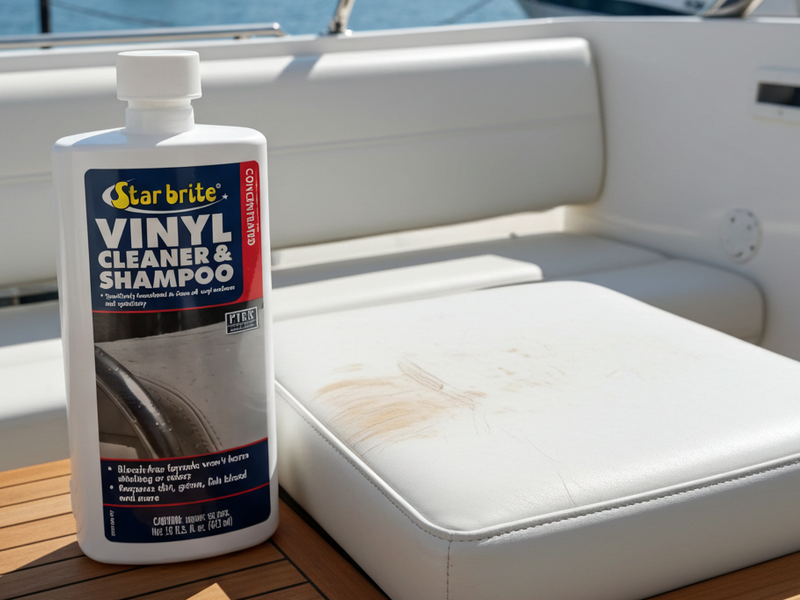 Star Brite Vinyl Cleaner & Shampoo bottle on a boat with a marina background