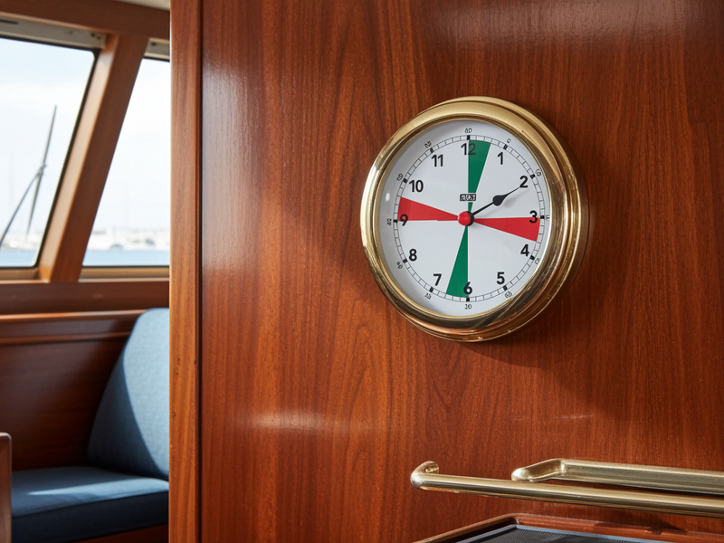 Wall clock on a wooden panel in a boat interior
