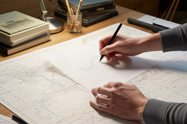 Person working on a map with a pen at a desk under a lamp