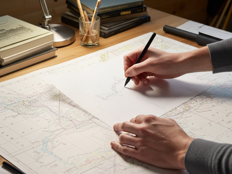 Person working on a map with a pen at a desk under a lamp