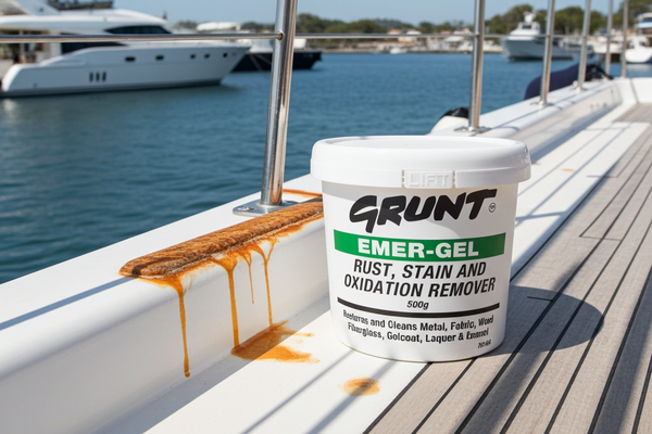 Grunt Emer-Gel rust, stain, and oxidation remover container on a boat deck with water and yachts in the background.