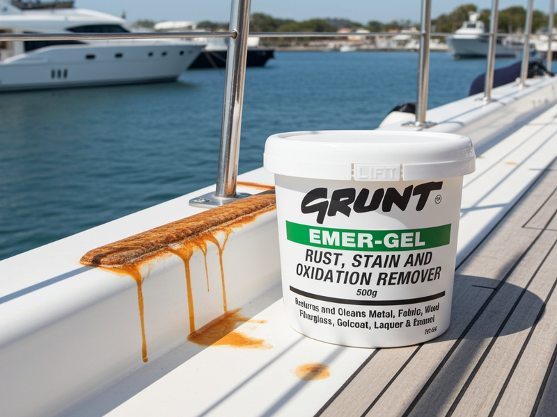 Grunt Emer-Gel rust, stain, and oxidation remover container on a boat deck with water and yachts in the background.