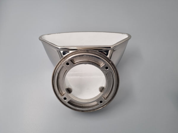 Metallic cone-shaped vent scoop base on a gray background