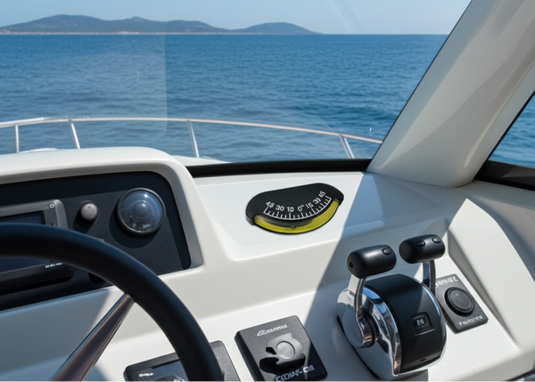 Boat dashboard with a view of the ocean and sky