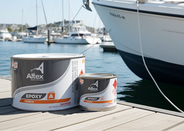 Two cans of Altex Epoxy paint on a dock with a boat in the background