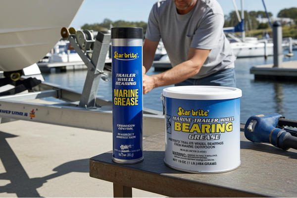 Man at a marina with Star brite marine products on a table