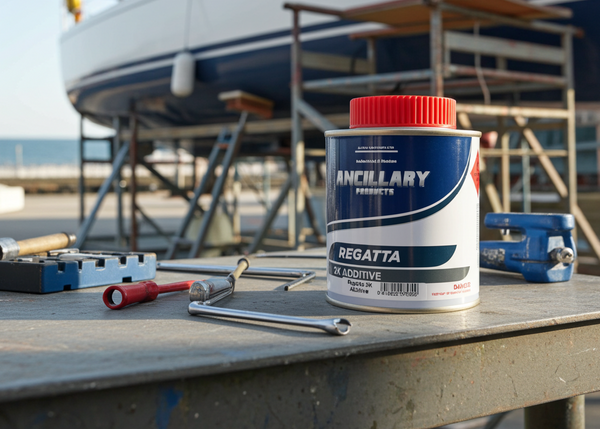 Can of Regatta additive on a table with a boat in the background